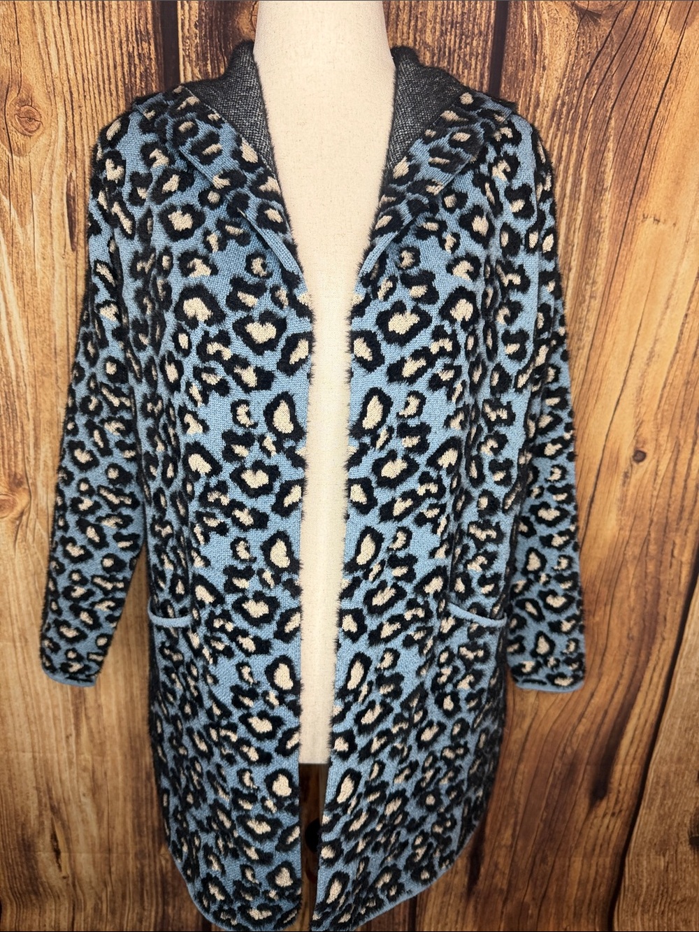 A.P.N.Y. Blue and Black Leopard Print Open-Front Cardigan